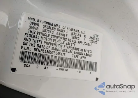 2002 Honda Odyssey Ex-L z USA, uszkodzony, nr VIN 5FNRL18052B046176